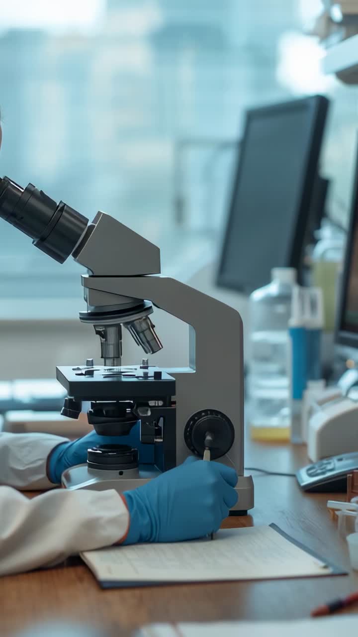 Vertical video: Placing slide, tech in lab coat, blue gloves peering scope at bench, noting sample