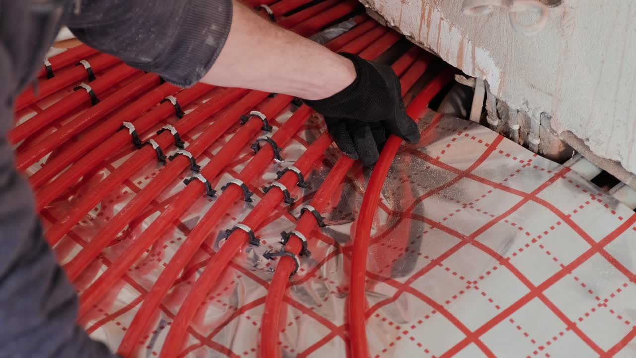 Installing underfloor heating pipes for water heating. Heating systems. Pipes for a heat-insulated floor.