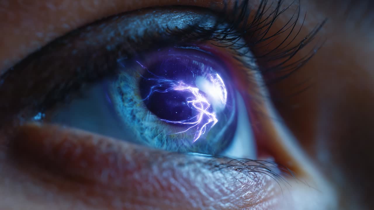 Captivating Close-Up of an Eye with Electric Lightning Effect, Showcasing Stunning Colors and Intensity, Revealing Depth and Emotion Through Creative Visual Effects and Unique Perspective