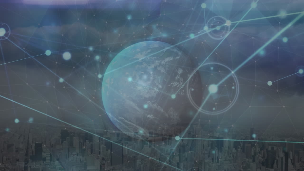 animación de la red de conexiones y globo sobre el paisaje urbano