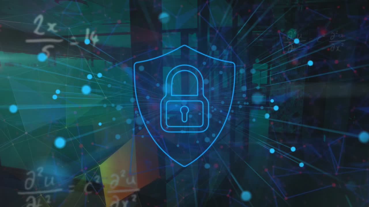 animación del icono del candado y con redes de conexiones sobre el paisaje urbano