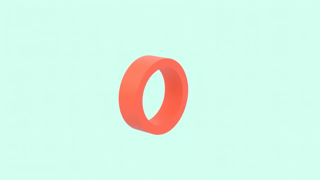 Anello rosso fluttuante su sfondo menta, toroide 3D che ruota e si inclina lentamente attraverso l'inquadratura, superficie corallo lucida