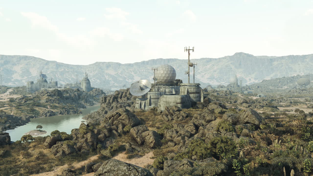 Landscape with rocky terrain and communication towers near a river