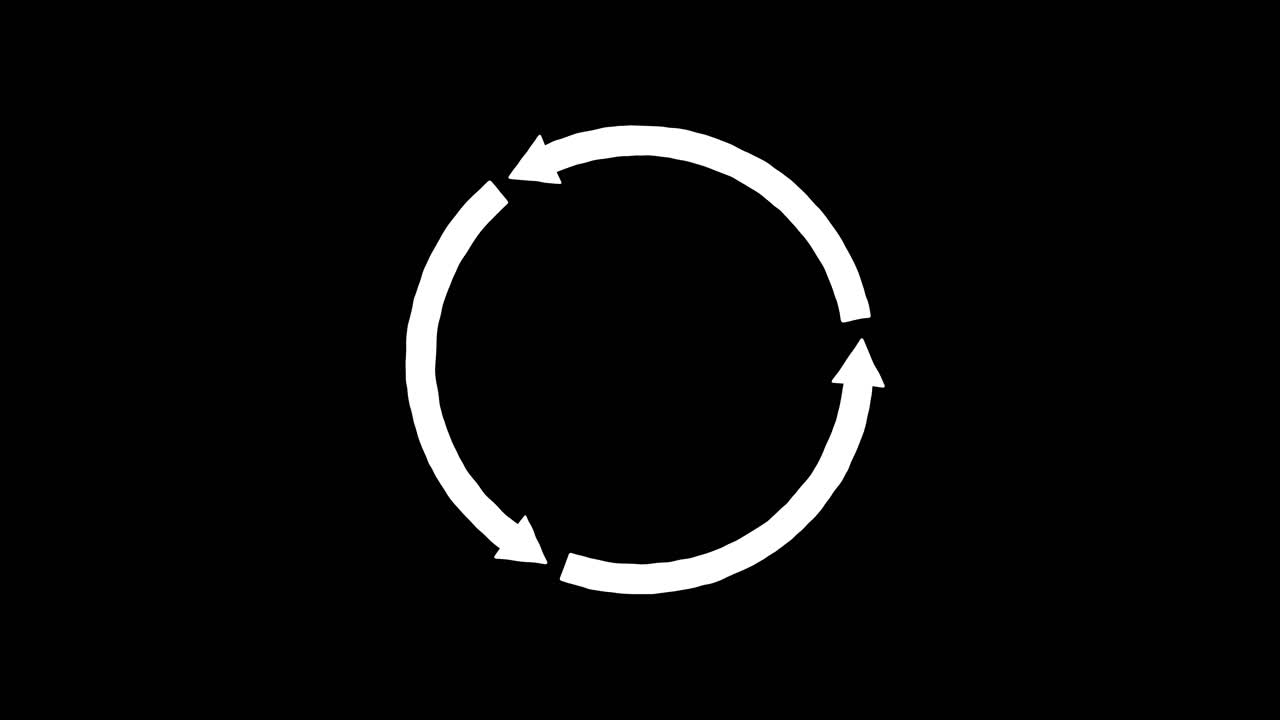 White circular arrow rotates clockwise in seamless loop, minimalist style, high contrast, centered composition