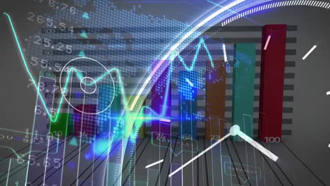 Animación-Del-Reloj,-Procesamiento-De-Datos-Y-Estadísticas-Financieras-Sobre-El-Mapa-Mundial