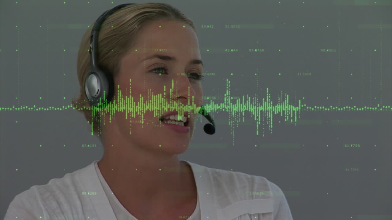 Animation of data processing over businesswoman using phone headset