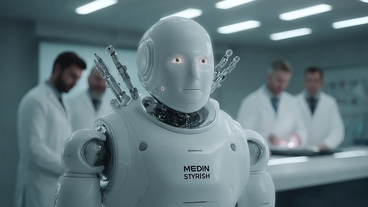 In a high-tech laboratory, a humanoid robot with a sleek design and intricate appendages stands in focus, while scientists engage in research nearby, highlighting the fusion of robotics and healthcare