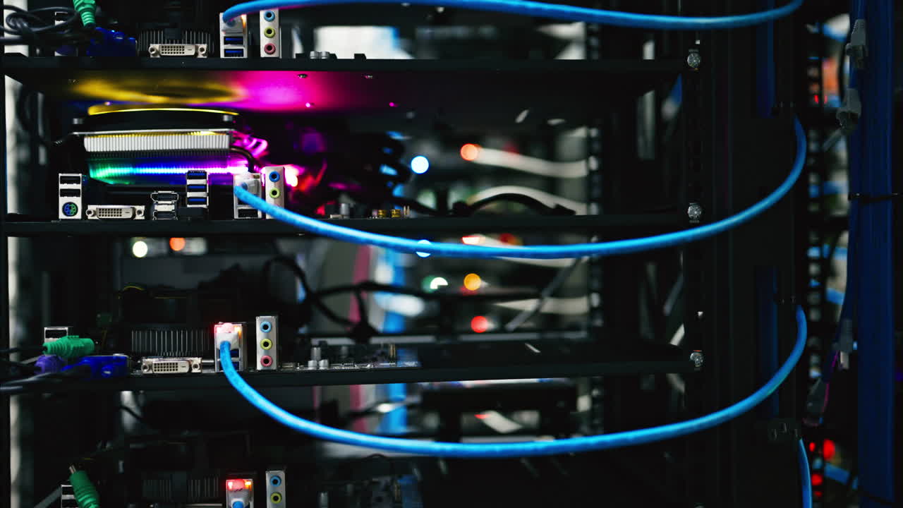 Close up of a server with flashing colourful lights in a data center
