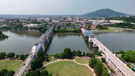 aerial drone journey over chattanooga riverfront, tennessee