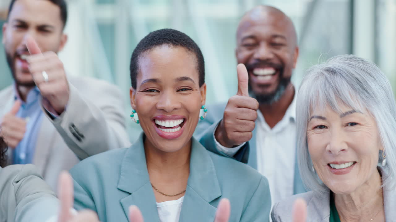 gente de negocios, equipo y pulgares hacia arriba retrato