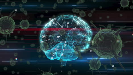 animation of virus cells over digital brain on black background