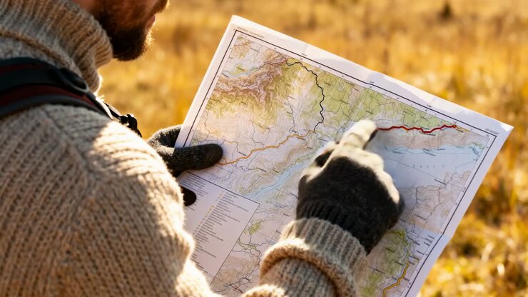 Randonneur en pull tricoté faisant une pause sur le sentier, traçant un itinéraire rouge sur une carte topographique pour suivre sa progression.