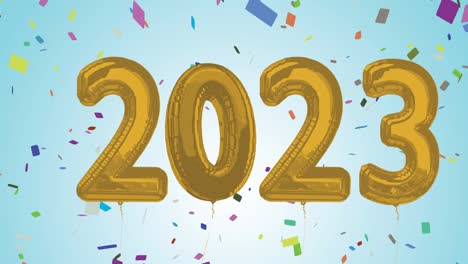 animación de números de globos de oro de 2023 y confeti sobre fondo azul