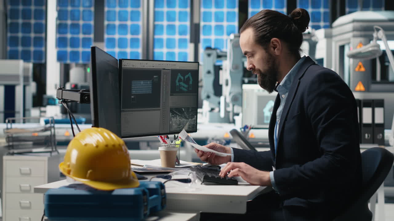Engineer working in solar panel factory