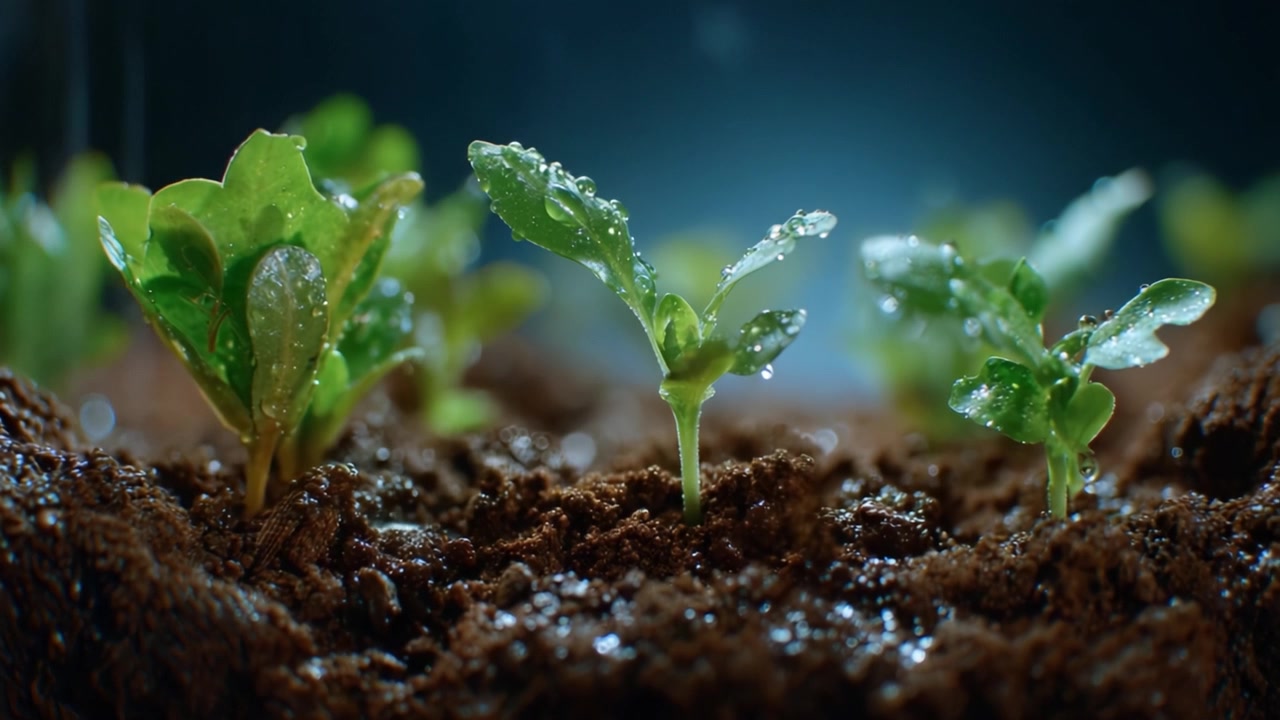 Nurturing Green Sprouts: Close-Up of Growing Plants with Dew on Leaves and Rich Soil, Showcasing the Beauty of Nature's Growth and Renewal Process
