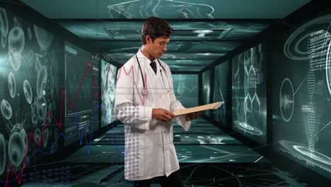 Animation-of-biracial-male-doctor-over-data-processing