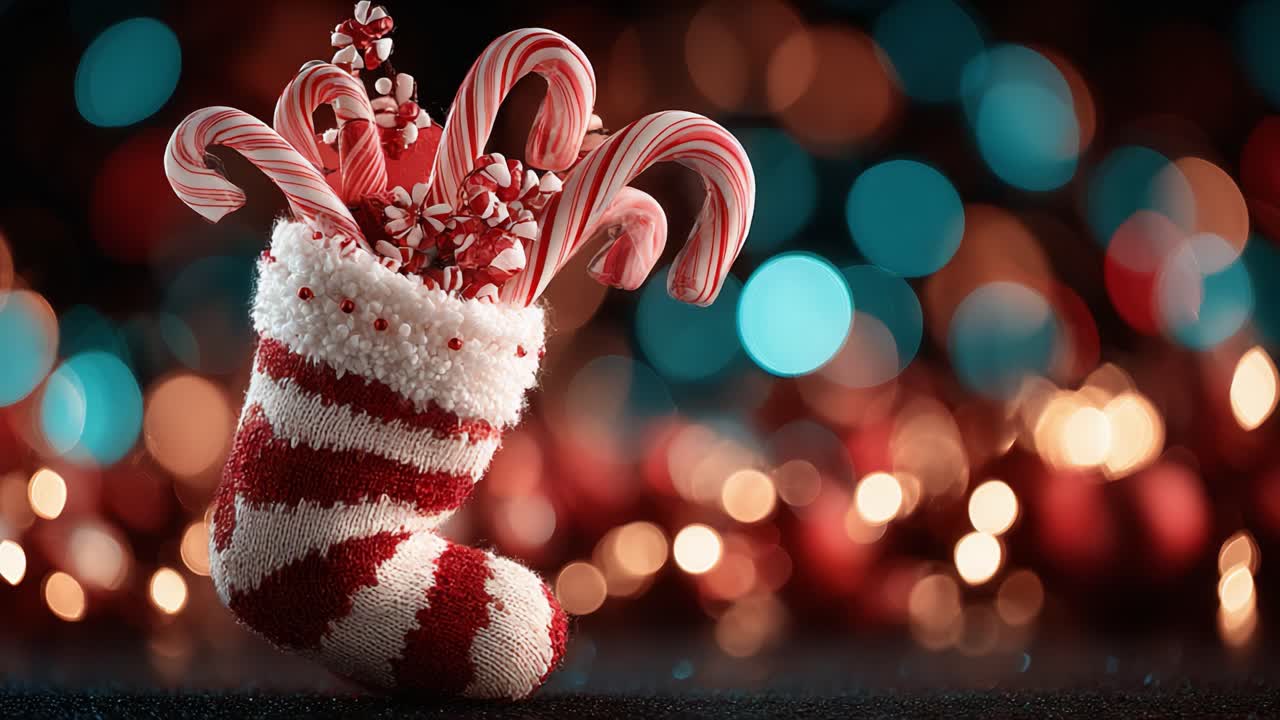 A Festive Collection of Candy Canes in a Cozy Striped Stocking Surrounded by Cheerful Bokeh Lights Perfectly Capturing the Spirit of the Holiday Season