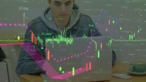 animación del procesamiento de datos financieros sobre el hombre utilizando una computadora portátil.