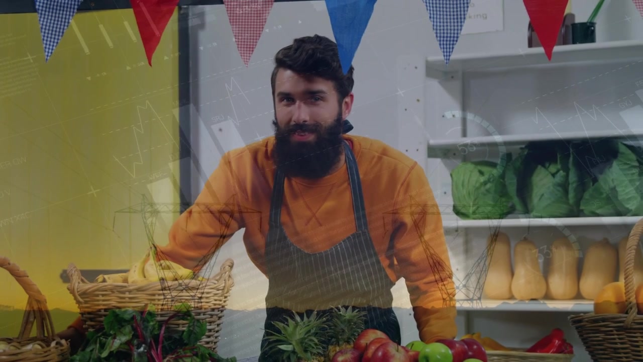 Animación de procesamiento de datos sobre un feliz verdulero caucásico organizando verduras en la tienda.