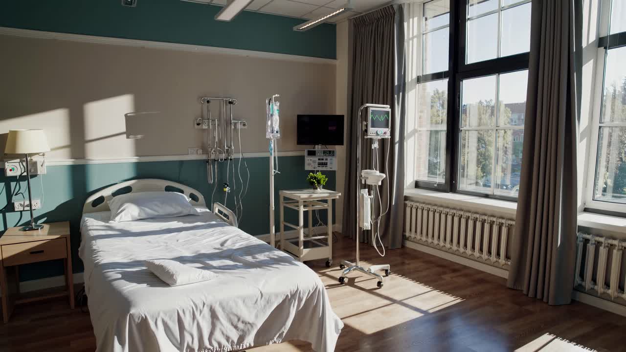 Lapso de tiempo de la luz solar moviéndose a través de una habitación de hospital vacía.