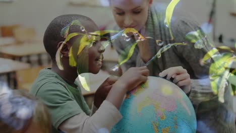 animation of leaves over diverse schoolchildren and teacher looking at globe