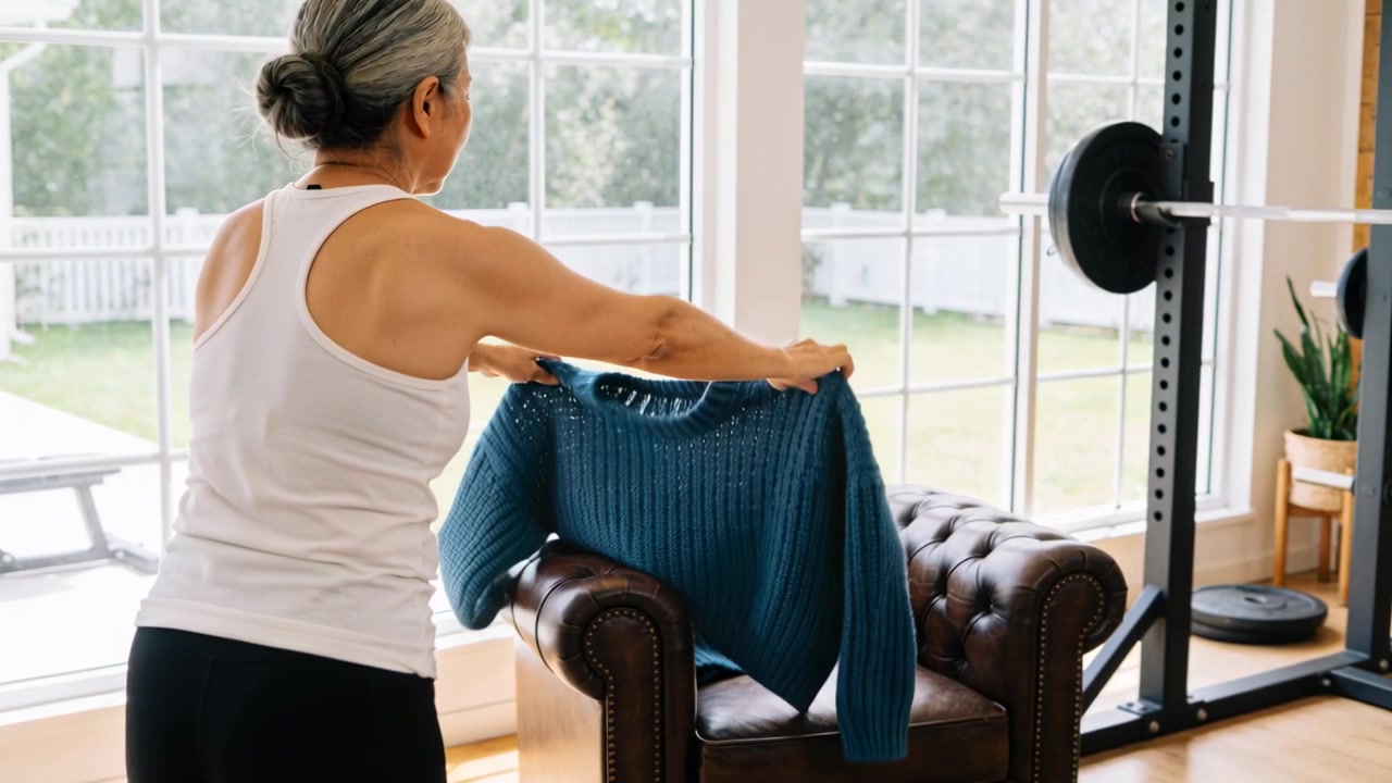 Holding folded sweater woman in workoutwear unfolding and draping over armchair at home covering