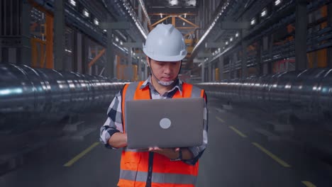 asian male engineer with safety helmet working on a laptop while standing with metal pipes