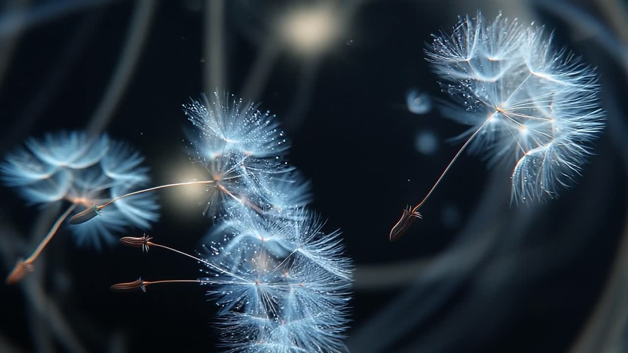 Delicate dandelion seeds floating softly. Dandelion seeds float gracefully through the air, illuminated by soft light in a dreamy, abstract environment.