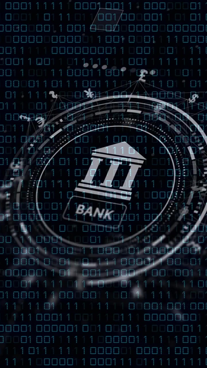 Animation of bank sign and financial data processing over black background