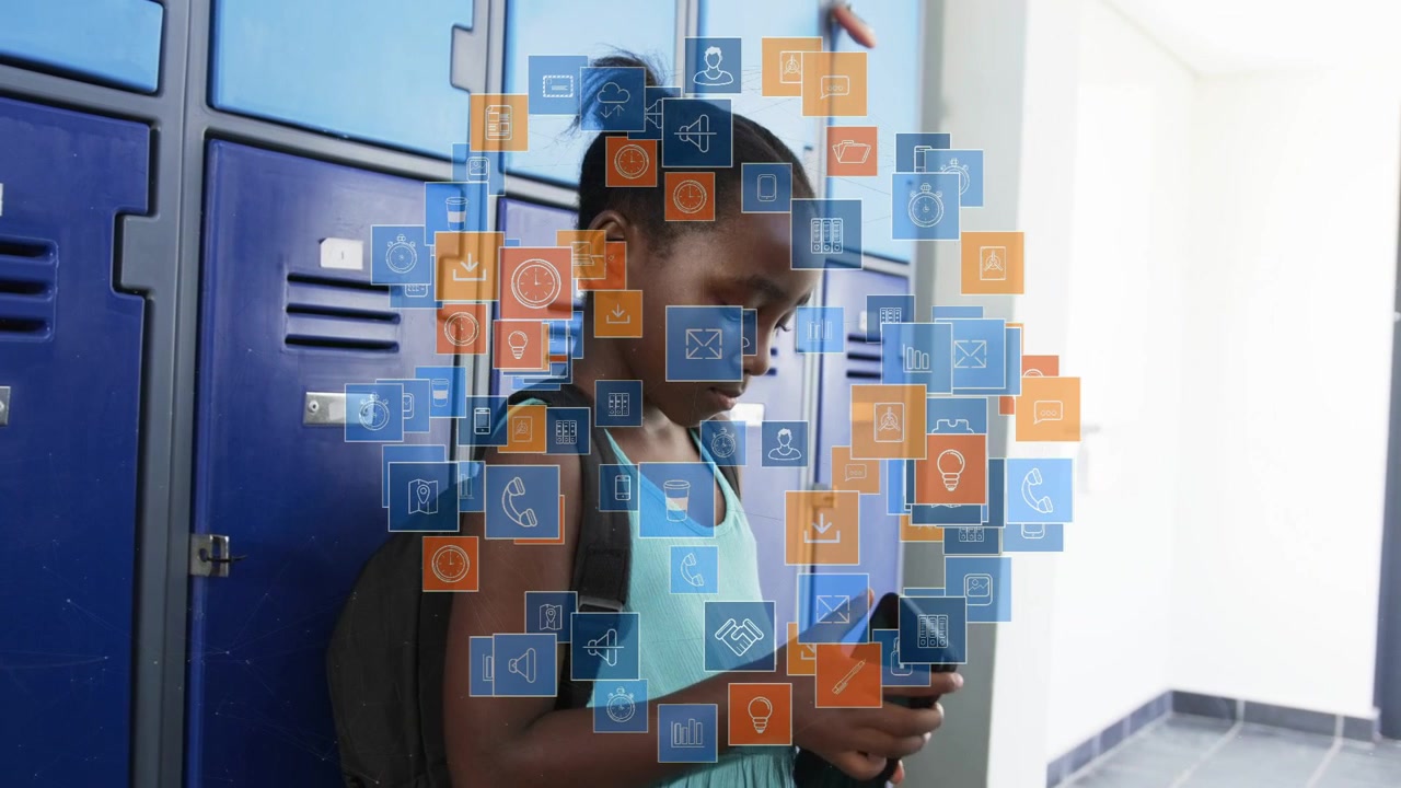 Female student leaning by school lockers tapping phone and checking apps creating moving icon cloud