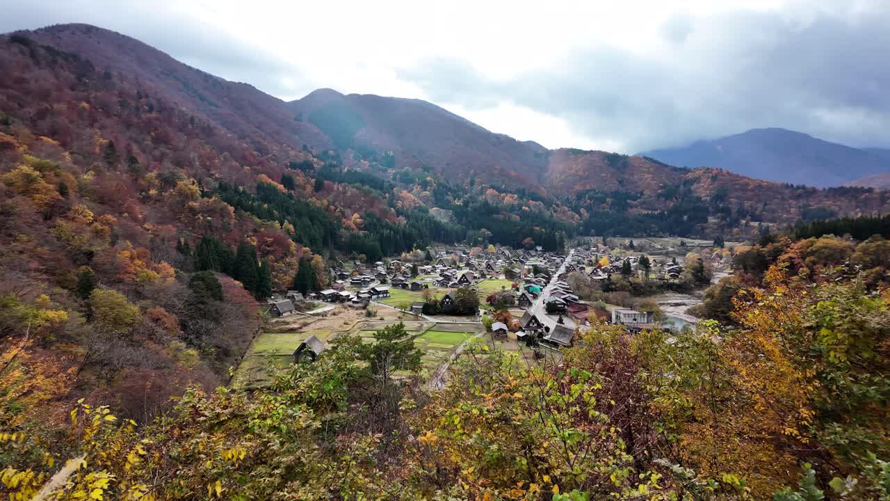 Panoramic view of Shirakawa go, a UNESCO World Heritage Site, showcasing its gassho style farmhouses nestled in the colorful autumn foliage