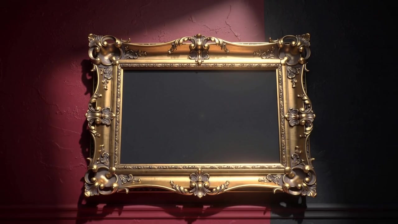 Zlatý rám s matně černým panelem v galerii, reflektor se zarovnává a vytváří zelený odlesk objektivu.
