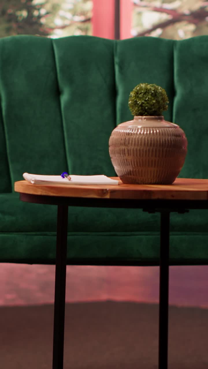 Tomt moderne salongområde med grønn sofa og innredning