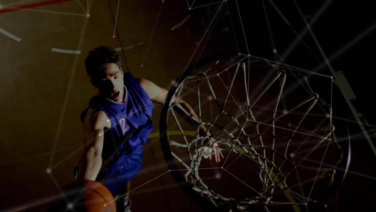 Athlete shifting weight, driving to rim, jumping and scoring as sports mesh highlighting shot path