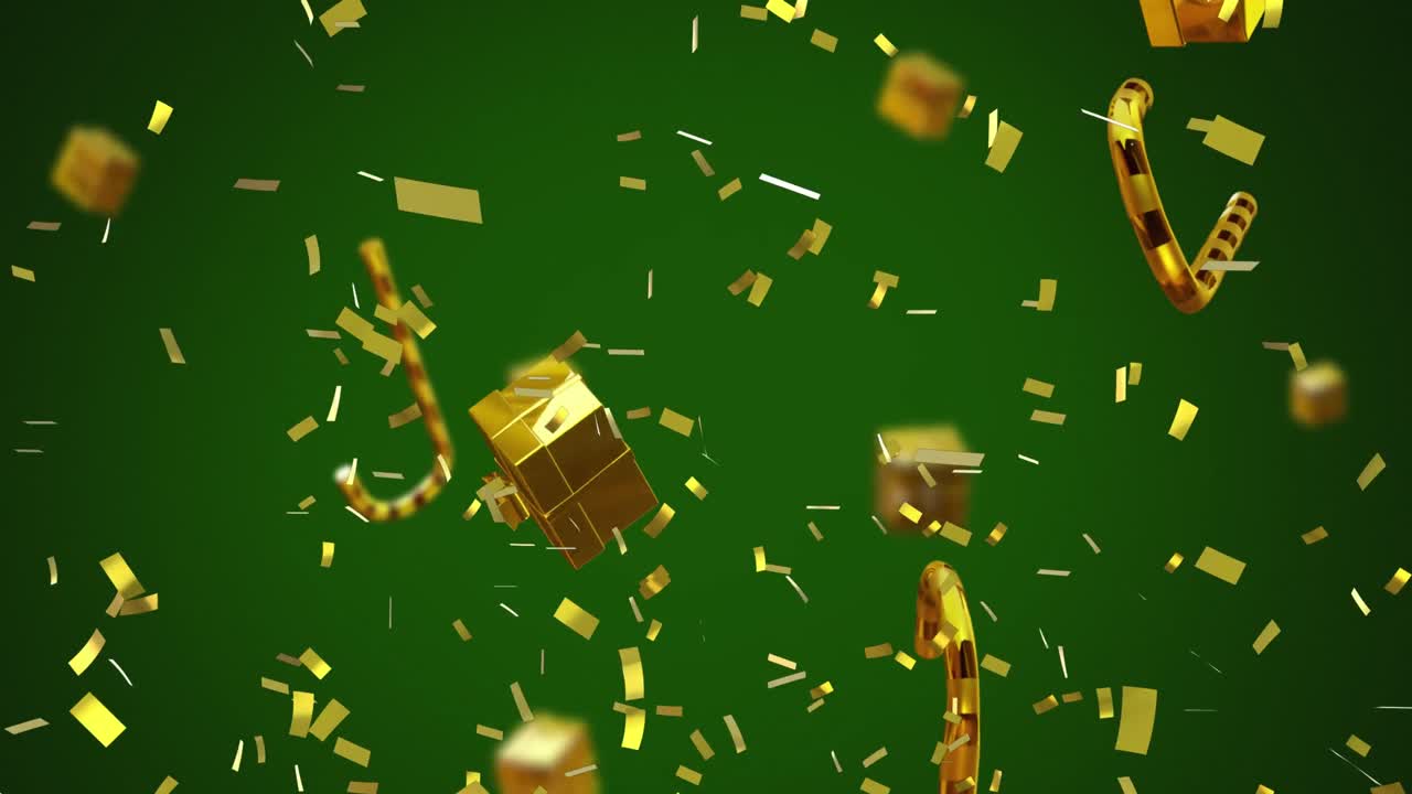 Animazione di regali di Natale dorati, bastoncini di zucchero e coriandoli che cadono su sfondo verde.