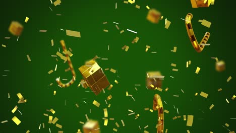 Animation-of-christmas-gold-presents,-candy-canes-and-confetti-falling-on-green-background