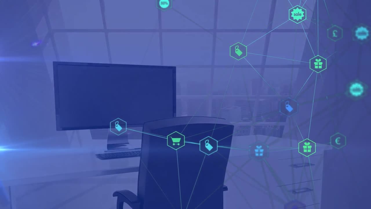 도시 풍경 위의 아이콘으로 연결된 네트워크의 애니메이션