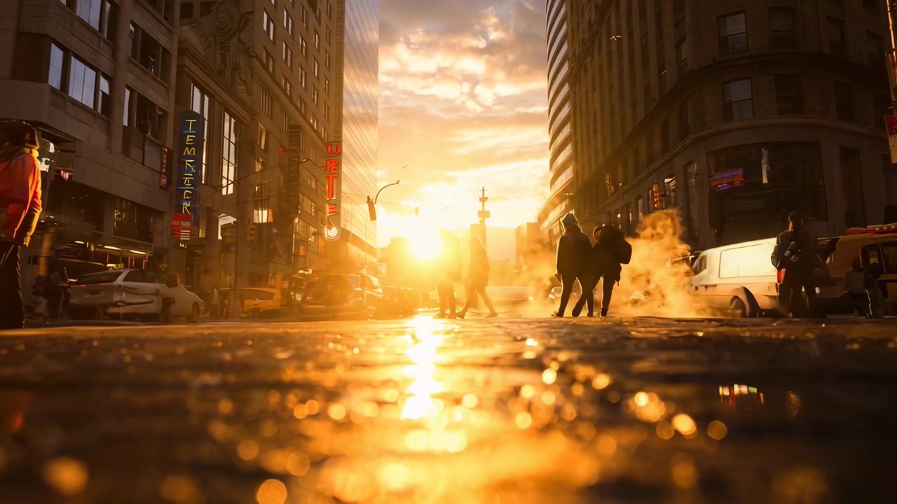 Fußgänger auf Stadtstraße bei Sonnenuntergang