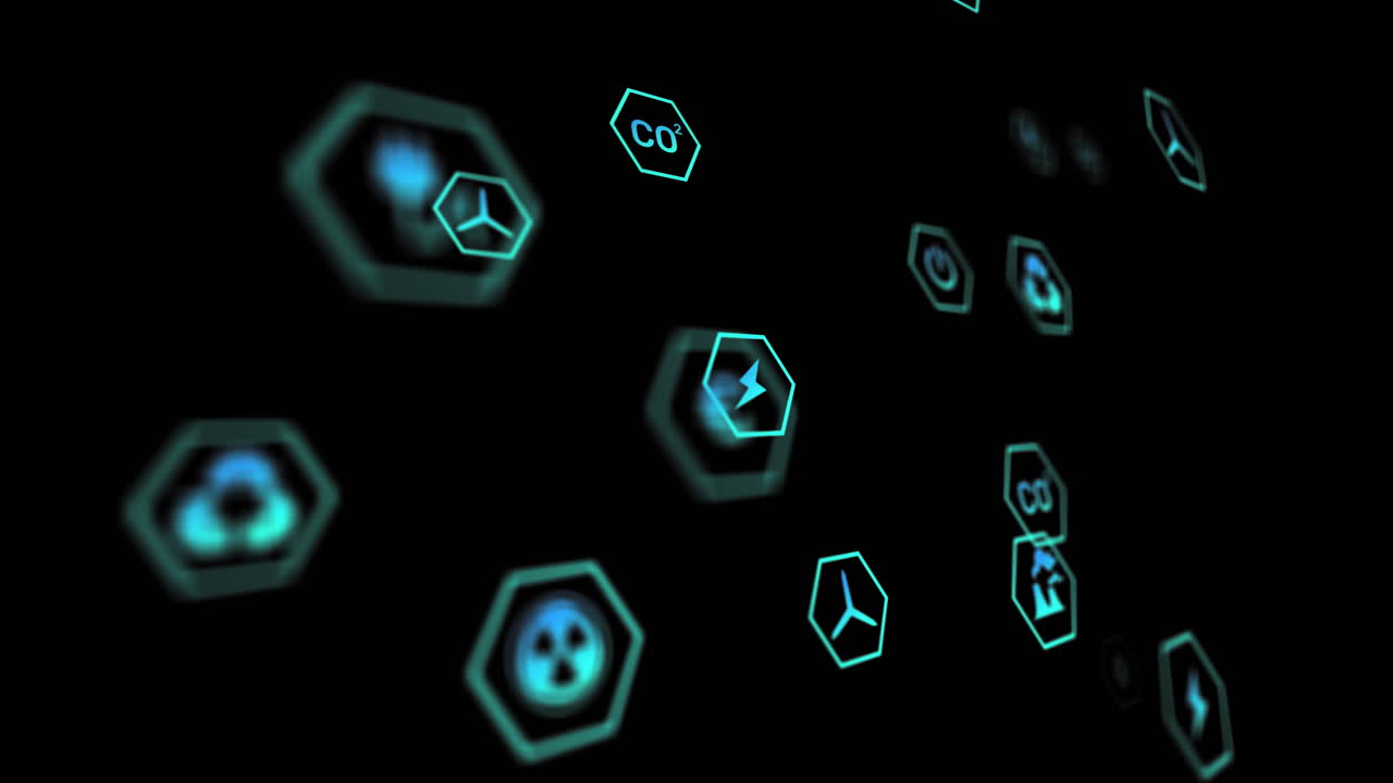 Animation of moving ecology icons on black background