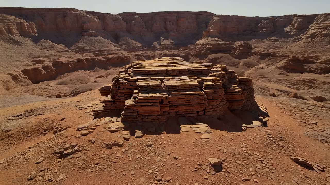 Inquadratura iniziale, la camera ruota attorno a una formazione di arenaria nel canyon, rivelando un’alcova e delle lastre