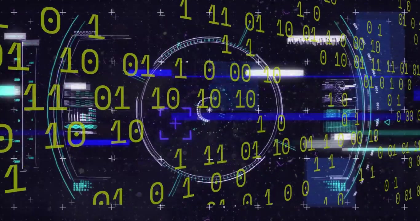 Automated scan initiating floating binary HUD rotating and pulsing, showing technology data flow