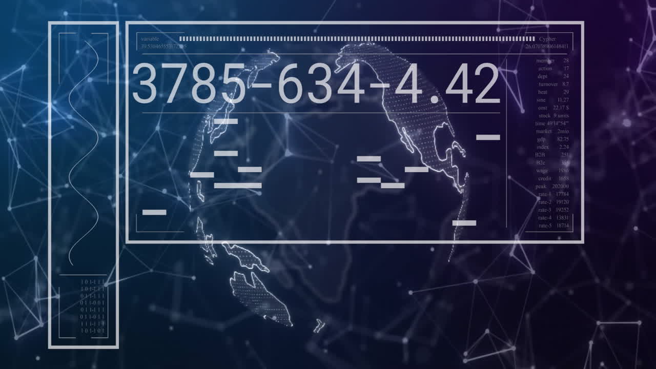 Animation of digital data processing over globe on blue background