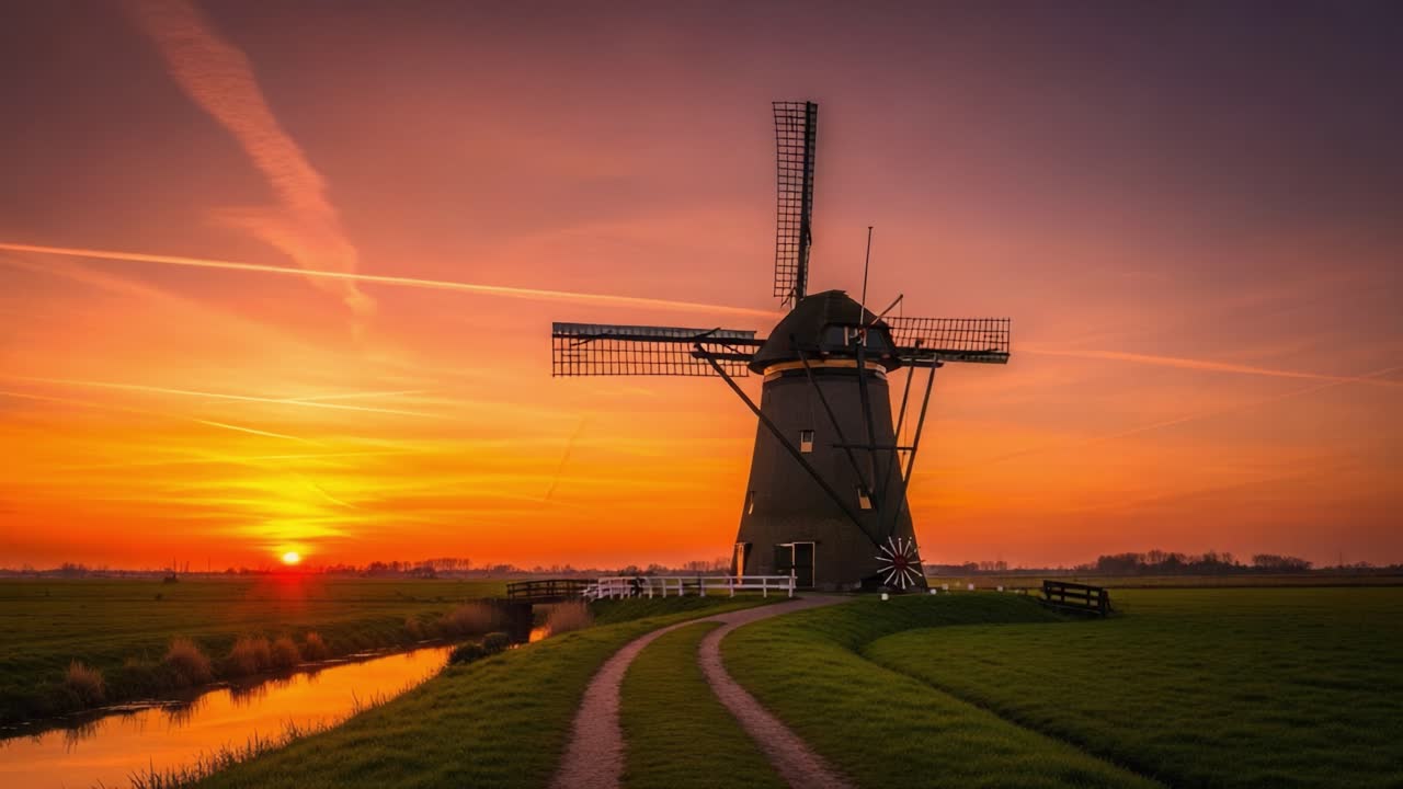 A Stunning Journey Through Time: Capturing the Beautiful Transformation of a Vintage Windmill at Sunset, Showcasing the Serenity of Nature's Palette