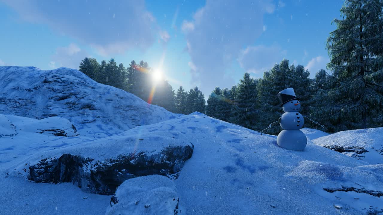 Zima, přírodní prostředí, se sněhulákem v černém klobouku, padající sníh, plující mraky, západ slunce, modrá obloha, borovice a útesy, 3D fotorealistická animace, pojezd kamery doprava.