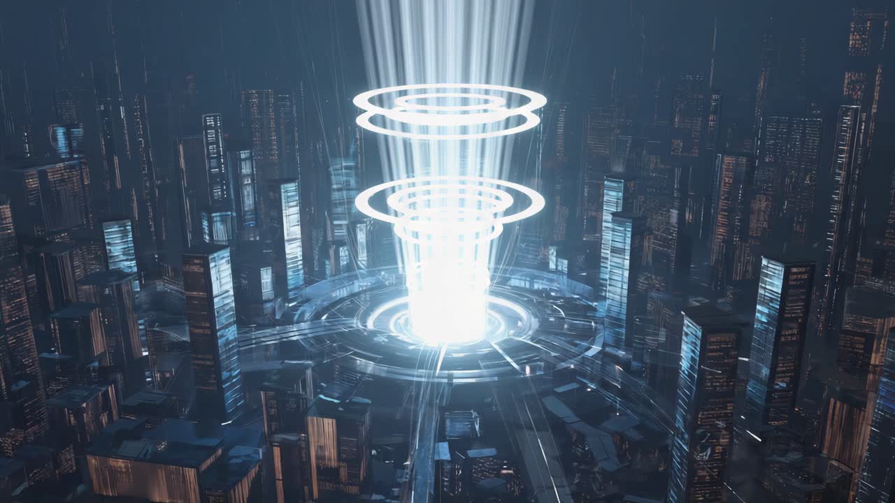 Futuristic City with Central Energy Beam and Digital Rings