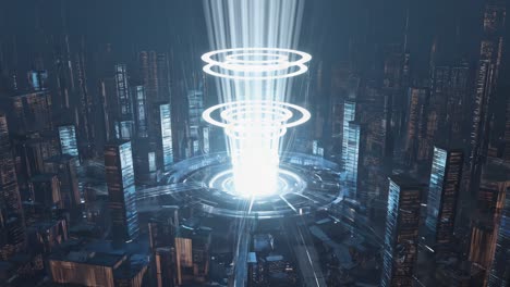 futuristic city with central energy beam and digital rings