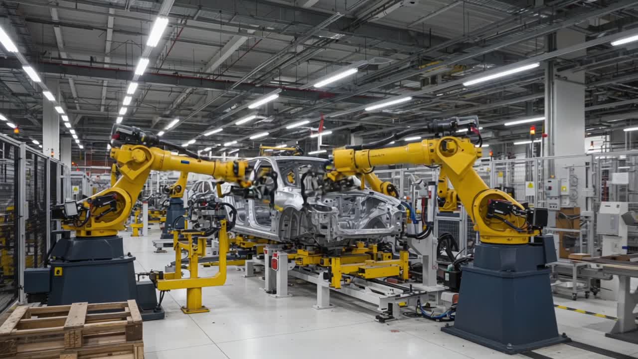 Advanced Automation in Automotive Manufacturing: Innovative Robotic Arms Oversee the Production Process of a Car Chassis in a High-Tech Factory Environment