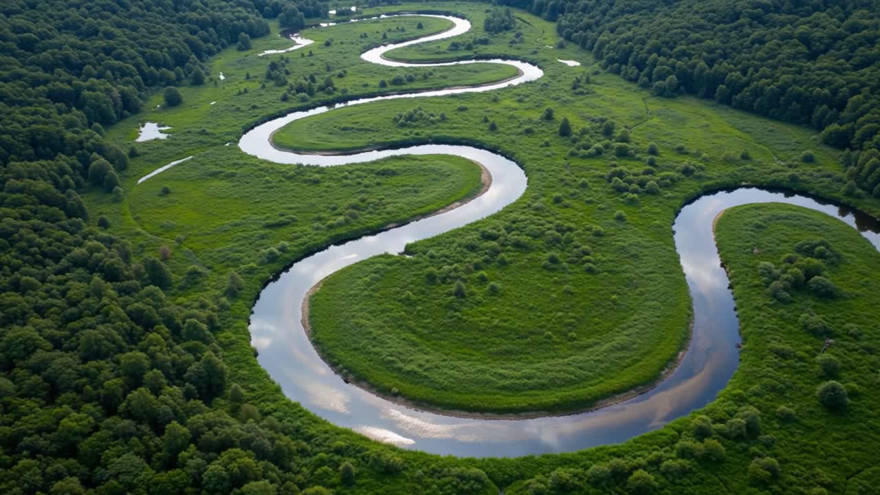 Aerial View of Serpentine River Flowing Through Lush Green Landscape, Capturing the Beauty of Nature with Meandering Waters and Vibrant Foliage