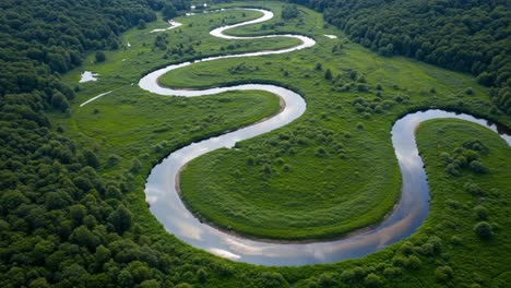 aerial view of serpentine river flowing through lush green landscape, capturing the beauty of nature with meandering waters and vibrant foliage