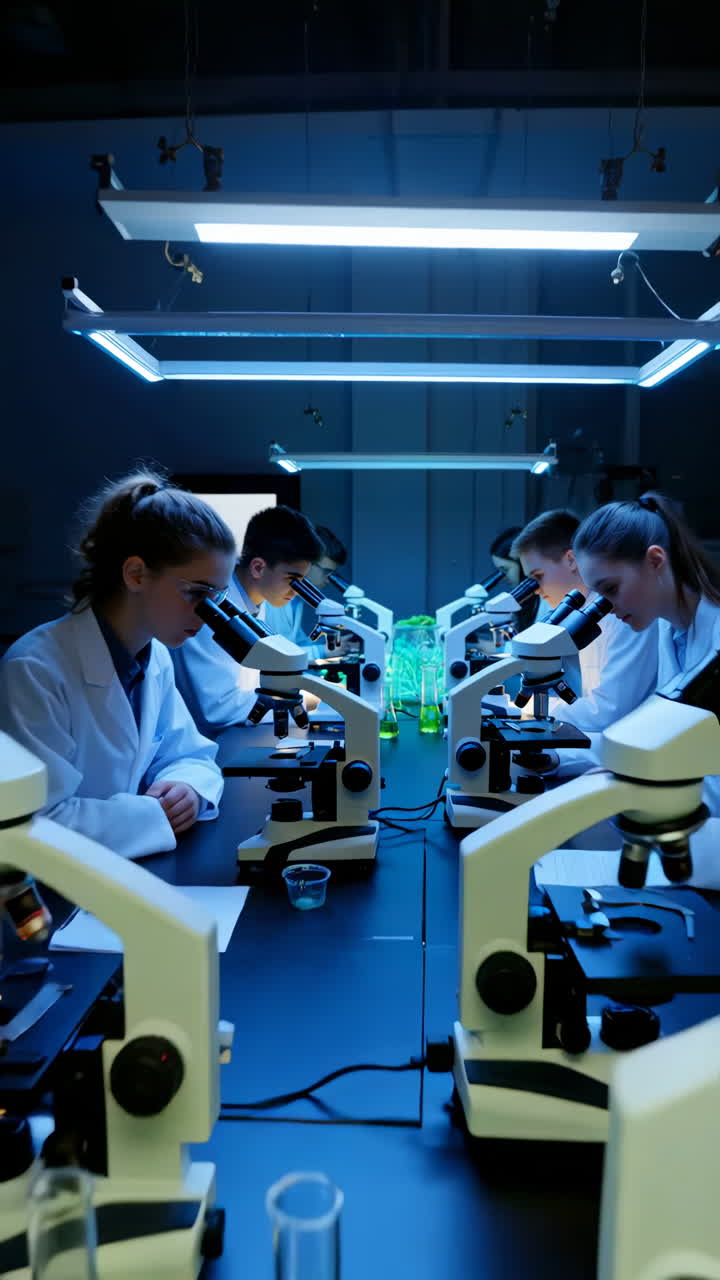 Students Conducting Scientific Experiments with Microscopes in a Blue-Lit Laboratory